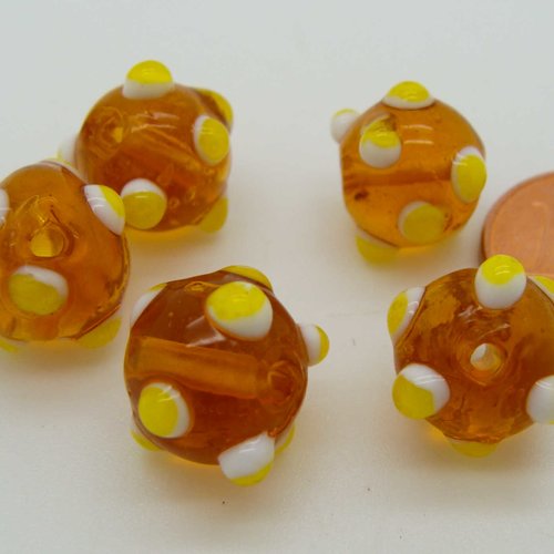 5 perles marron 10mm avec picots bicolores verre lampwork