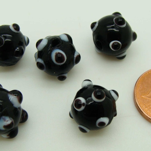 5 perles noires 10mm avec picots bicolores verre lampwork