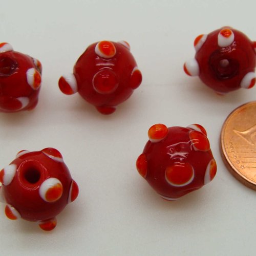 5 perles rouges 10mm avec picots bicolores verre lampwork