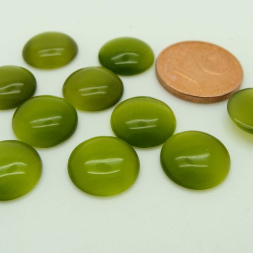 10 cabochons vert olive ronds 11mm verre oeil de chat