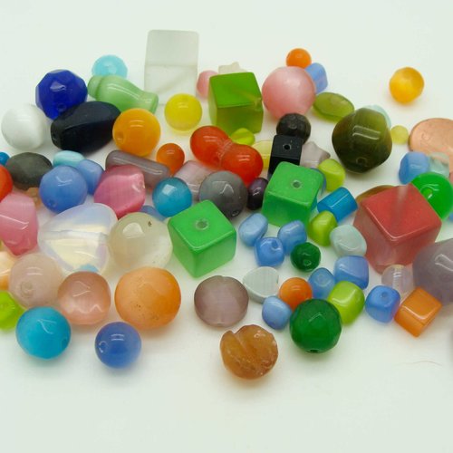 Lot 75 grammes perles verre oeil de chat mix tailles formes et couleurs aléatoires création bijoux