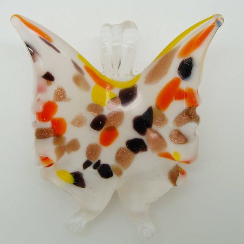 Pendentif papillon blanc touches multicolores animal en verre lampwork