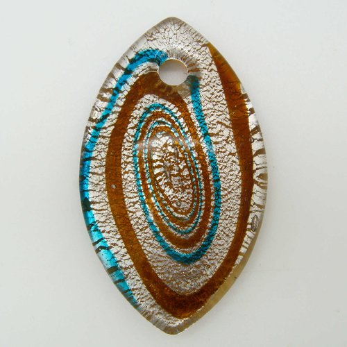 Pendentif ovale spirale bleu et marron bombé avec feuille argentée 60mm