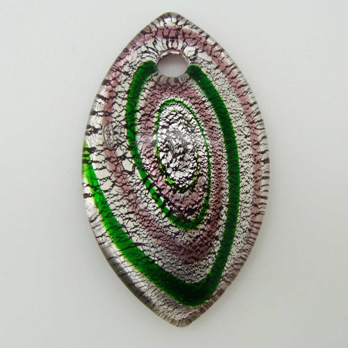 Pendentif ovale spirale violet et vert bombé avec feuille argentée 60mm