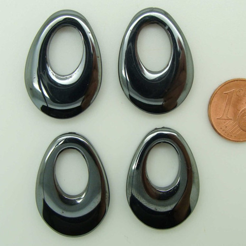 4 pendentifs ovale pierre hématite noire 26mm