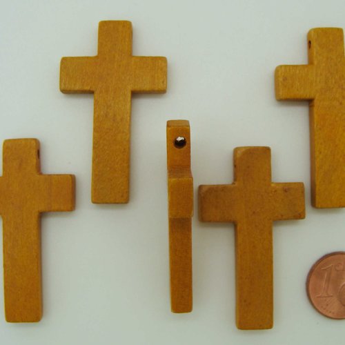 5 pendentifs croix crucifix 42mm bois marron clair