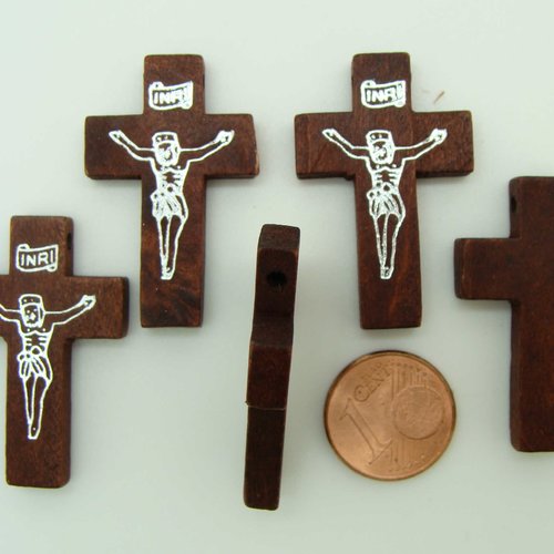 5 pendentifs croix crucifix 33mm bois marron
