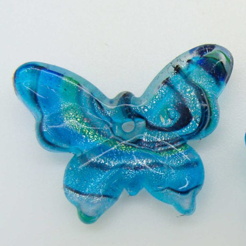 2 mini pendentifs papillon bleu vif feuille argentée 24mm animal en verre lampwork