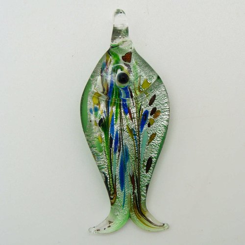 Pendentif poisson vertical vert et feuille argentée 60mm en verre lampwork