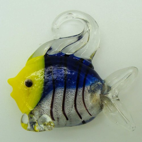 Pendentif poisson bleu et jaune feuille argentée rayures noires 45mm en verre lampwork