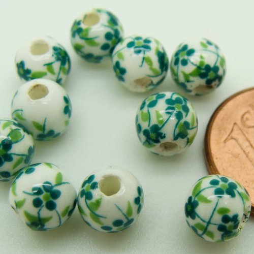 10 perles rondes 6mm porcelaine fond blanc fleurs vert