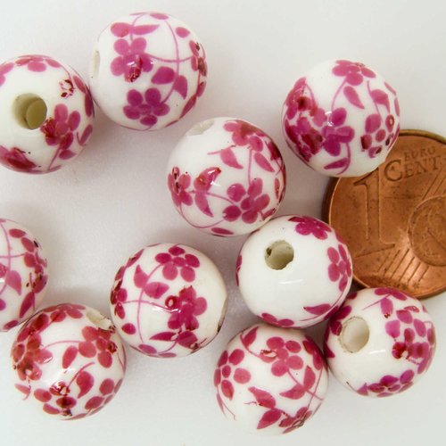 10 perles rondes 10mm porcelaine fond blanc fleurs rose