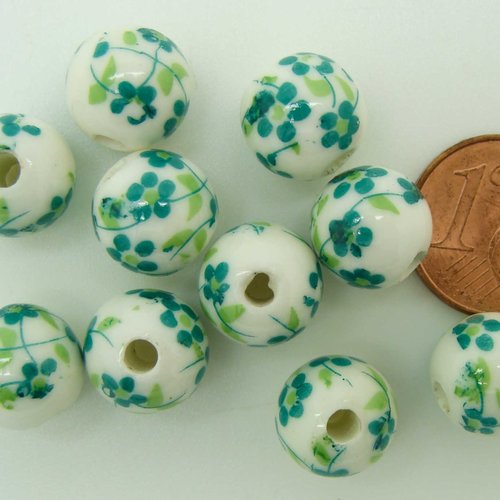10 perles rondes 10mm porcelaine fond blanc fleurs vert