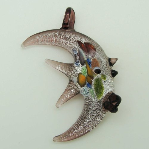 Pendentif poisson lune violet feuille argentée 52mm en verre lampwork