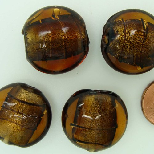 4 perles galets 20mm marron stries noires verre façon murano feuille argentée diy création bijoux