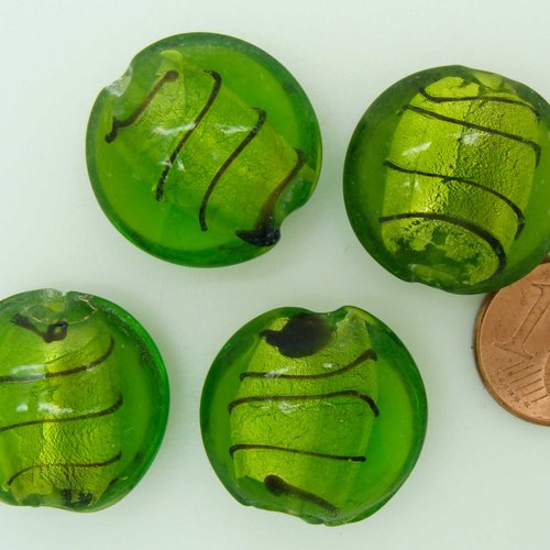 4 perles galets 20mm vert olive stries noires verre façon murano feuille argentée diy création bijoux
