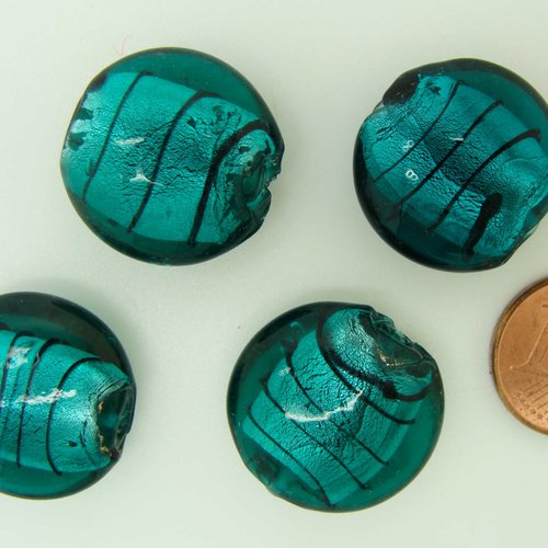 4 perles galets 20mm bleu vert stries noires verre façon murano feuille argentée diy création bijoux