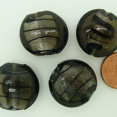 4 perles galets 20mm gris foncé stries noires verre façon murano feuille argentée diy création bijoux