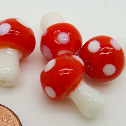 4 perles verre lampwork champignon 16mm rouge et blanc diy création bijoux