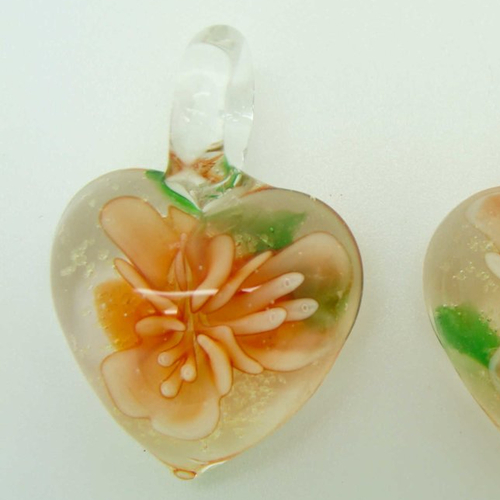 2 mini pendentifs coeur fleur orange 3 pétales 30mm breloque verre