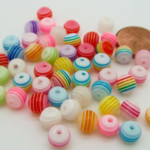 50 perles rond 6mm strip rayures rayées mix couleurs résine