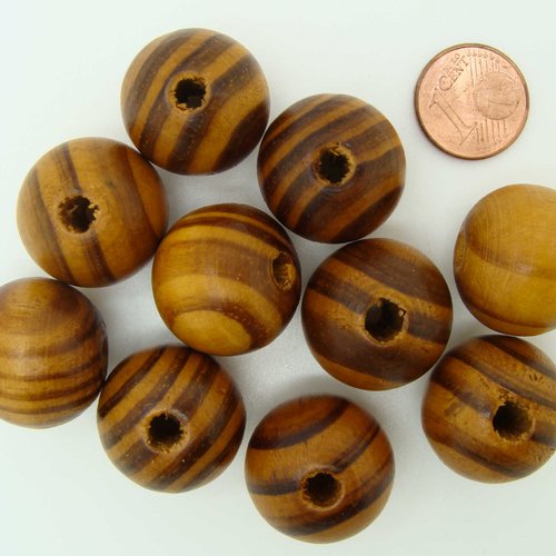 10 perles rondes 20mm bois strie marron création bijoux