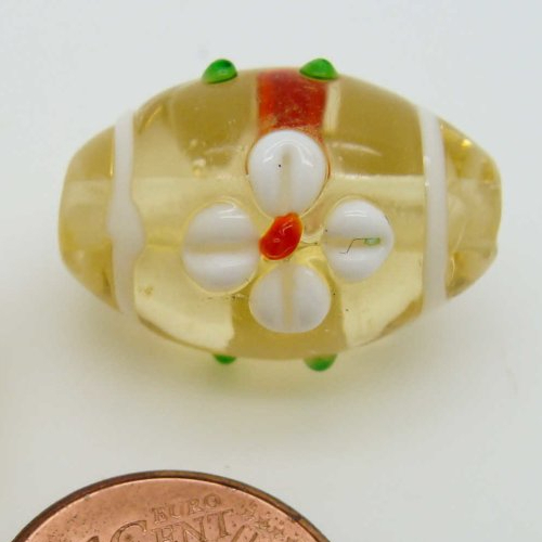 2 perles jaune ovales 20mm 2 fleurs en verre lampwork