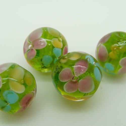 4 perles vert rondes 12mm fleurs multicolores en verre lampwork