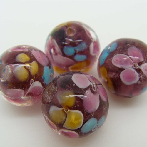 4 perles violet rondes 12mm fleurs multicolores en verre lampwork