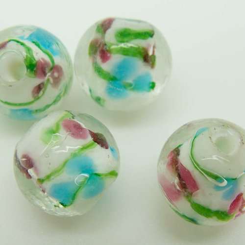 4 perles blanches rondes 12mm fleurs 3 pétales en verre lampwork