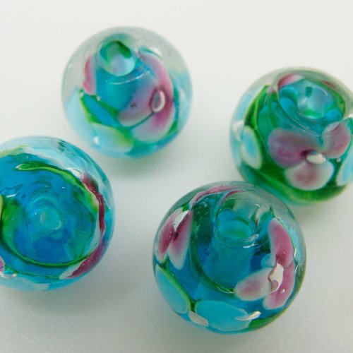 4 perles bleues rondes 12mm fleurs 3 pétales en verre lampwork