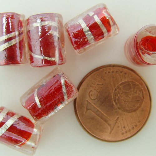 6 perles tubes 10mm rouge verre lampwork ruban argenté diy création bijoux
