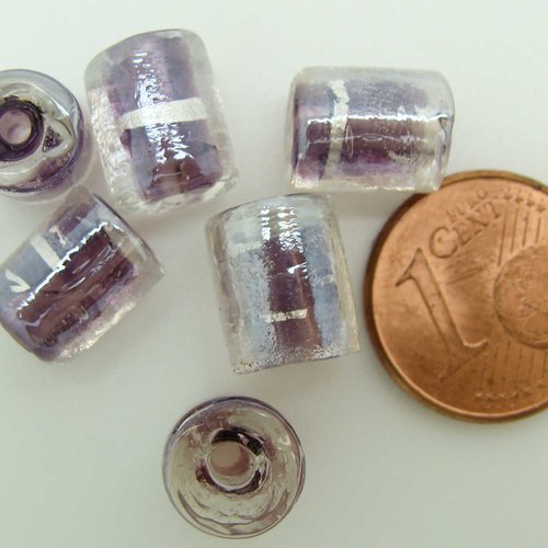 6 perles tubes 10mm violets verre lampwork ruban argenté diy création bijoux