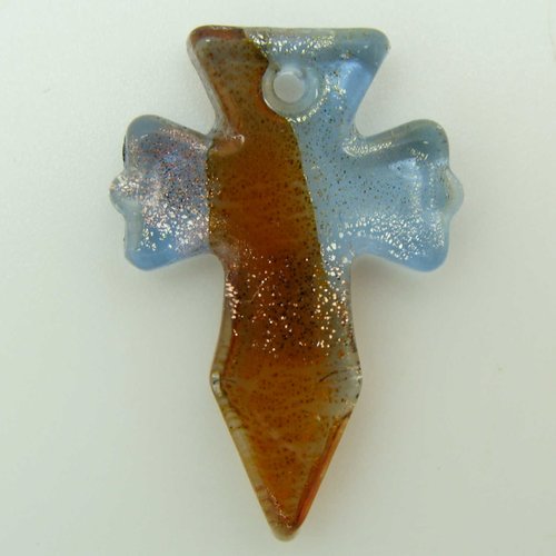 Pendentif croix bleu marron feuille argentée 30mm verre diy création bijoux