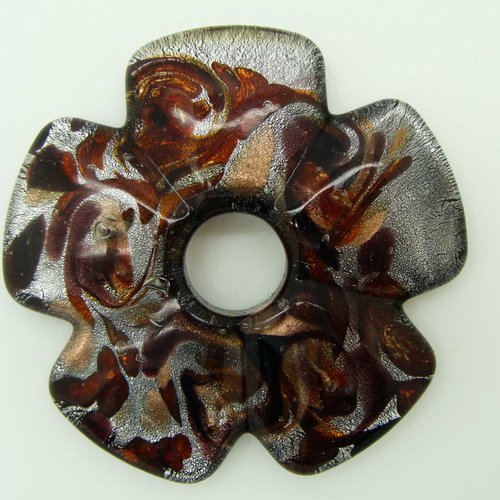 Pendentif grande fleur noir et argentée ronde 5 pétales 56mm en verre lampwork pour création de bijoux collier