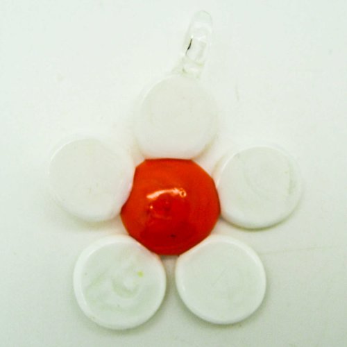 Pendentif fleur simple blanc et orange 5 pétales 54mm en verre pour création de bijoux collier