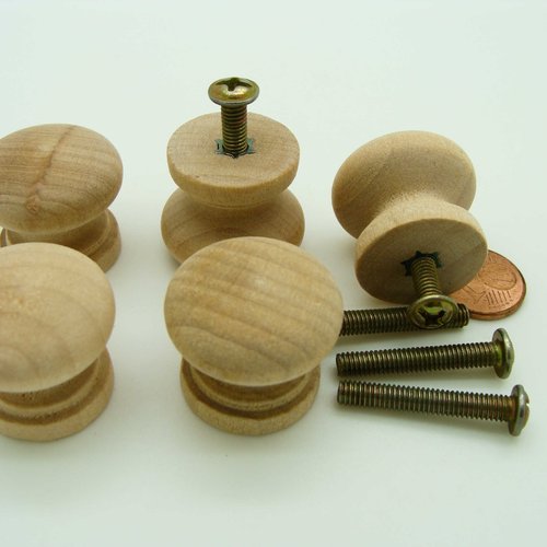 5 poignées bouton en bois brut 24mm avec vis