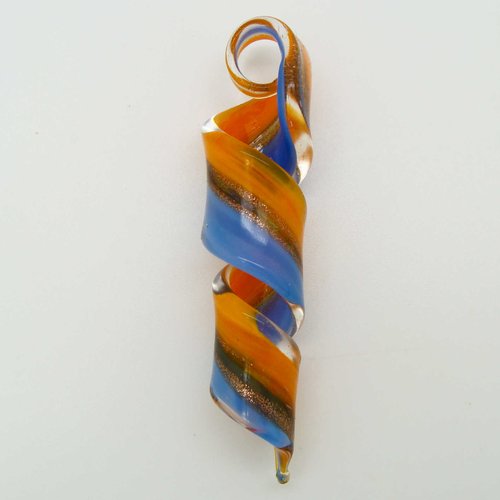 Pendentif spirale bleu orange 70mm avec touches dorées verre lampwork
