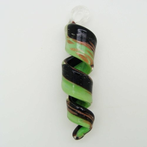 Pendentif spirale noir vert 70mm avec touches dorées verre lampwork