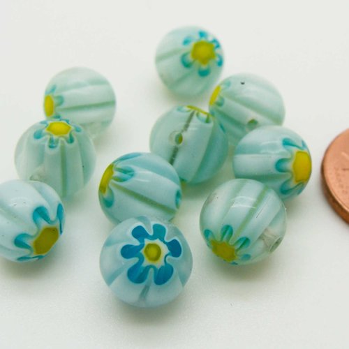 10 perles blanc bleu fleur jaune rondes 8mm verre style millefiori diy création bijoux