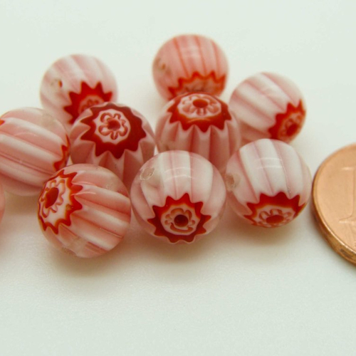 10 perles blanc fleur rouge rondes 8mm verre style millefiori diy création bijoux