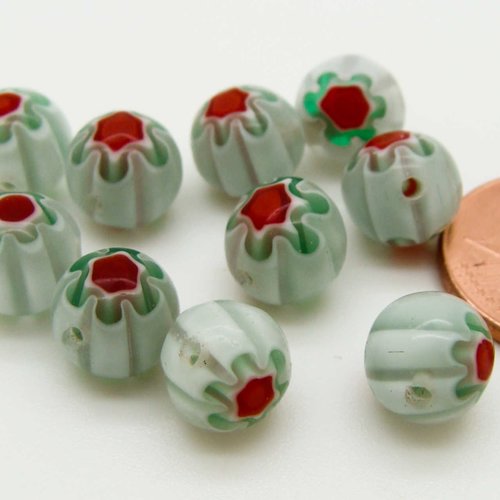 10 perles blanc vert fleur rouge rondes 8mm verre style millefiori diy création bijoux