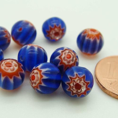 10 perles bleu foncé fleur rouge rondes 8mm verre style millefiori diy création bijoux
