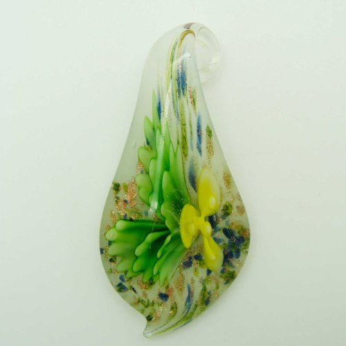 Pendentif goutte fleur jaune feuille verte 58mm en verre