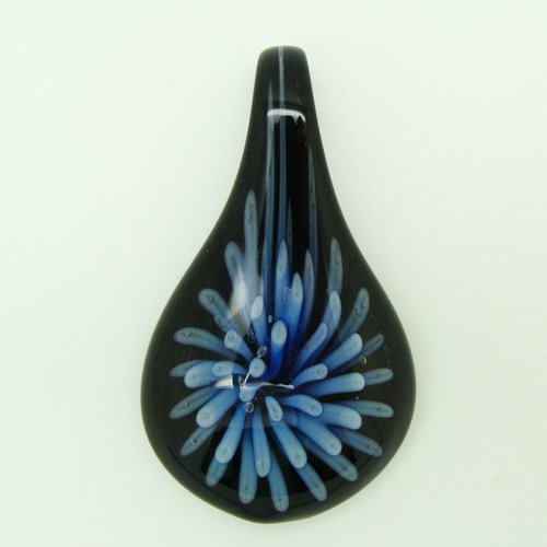 Pendentif goutte fleur bleu foncé 52mm verre noir diy création bijoux