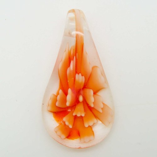 Pendentif goutte fleur orange 50mm verre transparent diy création bijoux