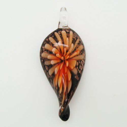 Pendentif feuille twist fleur orange 60mm verre noir