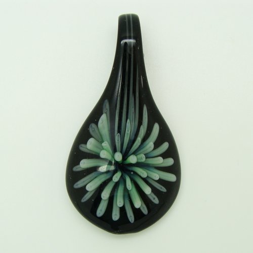 Pendentif goutte fleur verte 52mm verre noir diy création bijoux