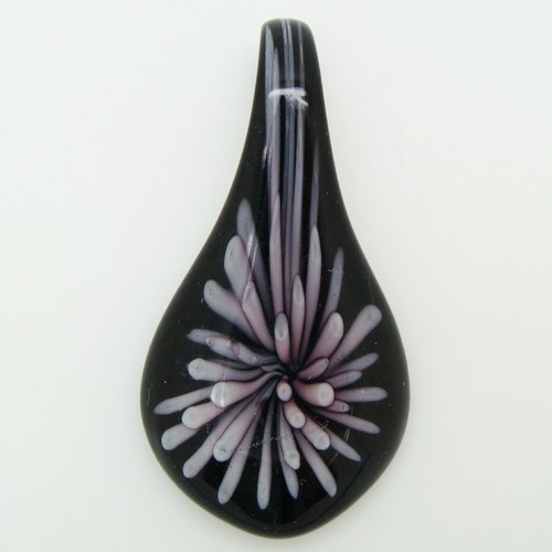 Pendentif goutte fleur violette 52mm verre noir diy création bijoux