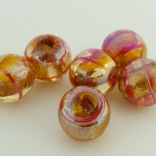 6 perles marron irisées rondes 10mm stries rouges verre façon murano feuille argentée
